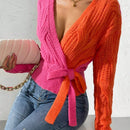 Prive cardigan cruzado con bloqueo de color y nudo frontal, para otono/invierno
