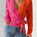 Prive cardigan cruzado con bloqueo de color y nudo frontal, para otono/invierno