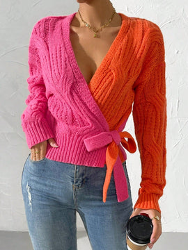 Prive cardigan cruzado con bloqueo de color y nudo frontal, para otono/invierno