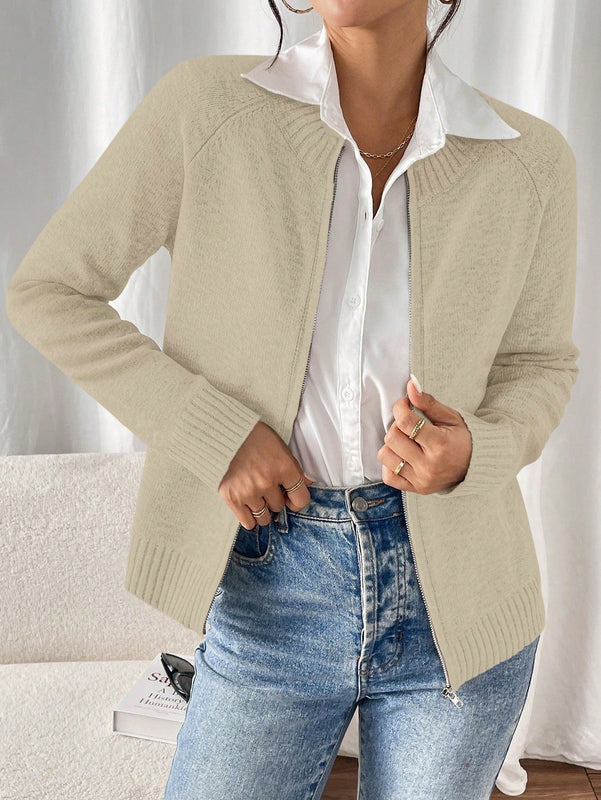 Essnce cardigan casual de mangas raglan con cierre delantero de cremallera, de unicolor, para otono/invierno