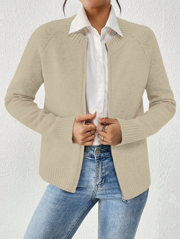 Essnce cardigan casual de mangas raglan con cierre delantero de cremallera, de unicolor, para otono/invierno