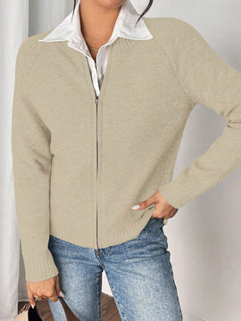 Essnce cardigan casual de mangas raglan con cierre delantero de cremallera, de unicolor, para otono/invierno