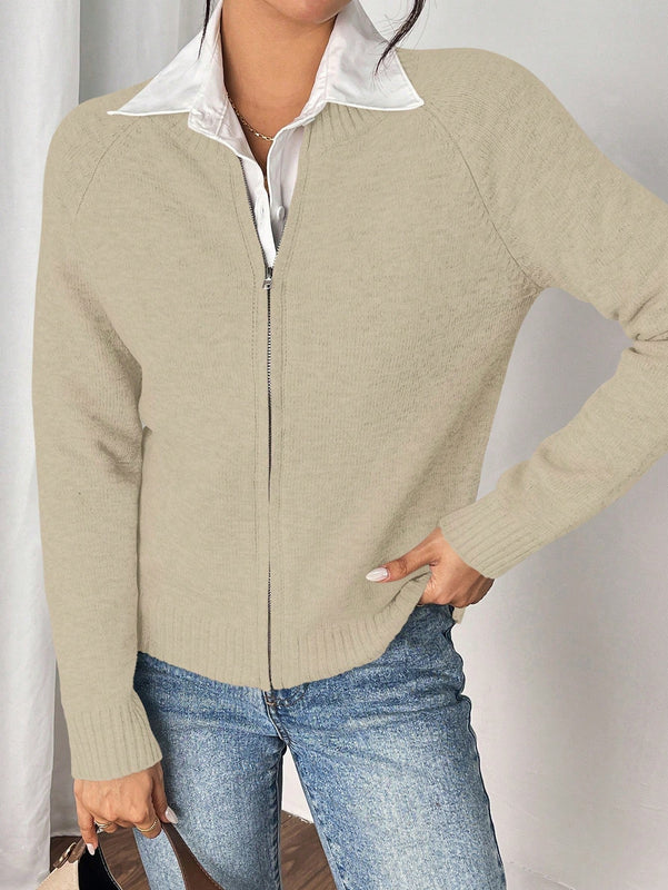 Essnce cardigan casual de mangas raglan con cierre delantero de cremallera, de unicolor, para otono/invierno