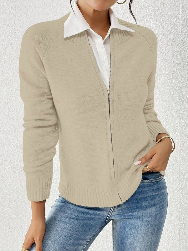 Essnce cardigan casual de mangas raglan con cierre delantero de cremallera, de unicolor, para otono/invierno