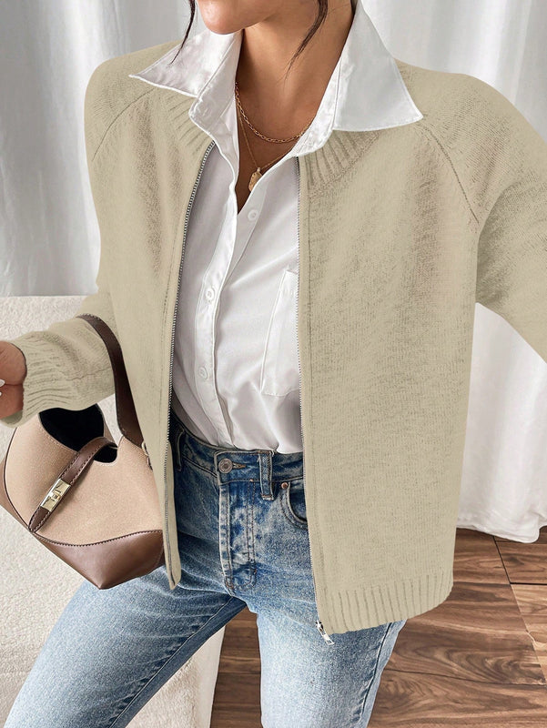 Essnce cardigan casual de mangas raglan con cierre delantero de cremallera, de unicolor, para otono/invierno