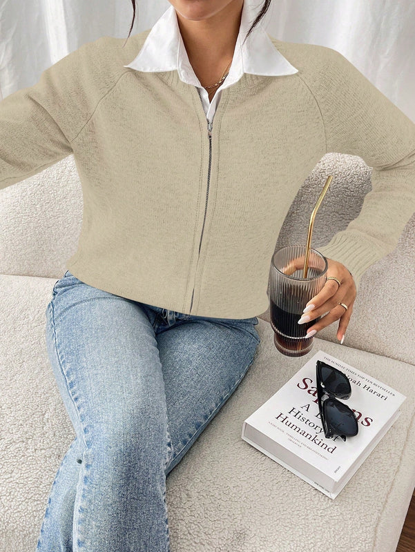 Essnce cardigan casual de mangas raglan con cierre delantero de cremallera, de unicolor, para otono/invierno