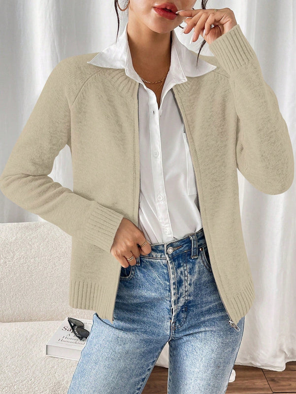 Essnce cardigan casual de mangas raglan con cierre delantero de cremallera, de unicolor, para otono/invierno
