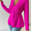 Lune cardigan elegante de mujer con cuello en v, cintura cenida y volantes en el bajo