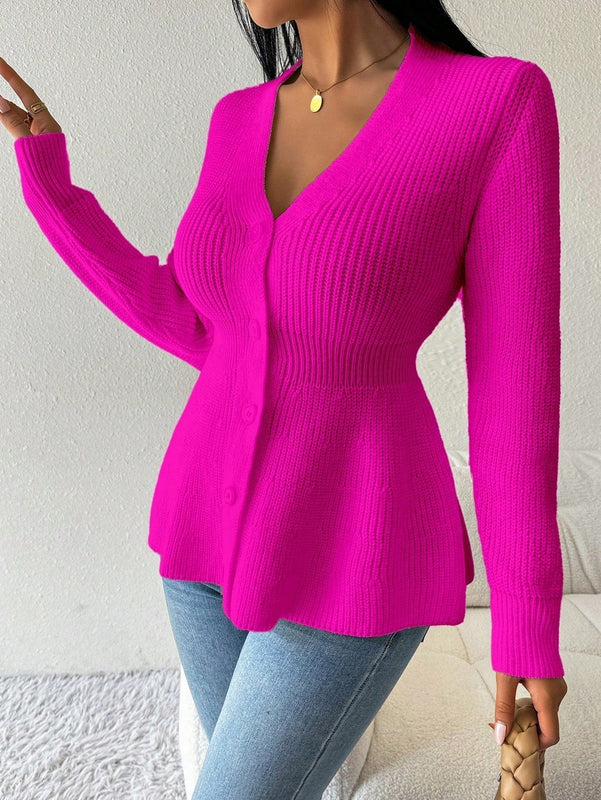 Lune cardigan elegante de mujer con cuello en v, cintura cenida y volantes en el bajo