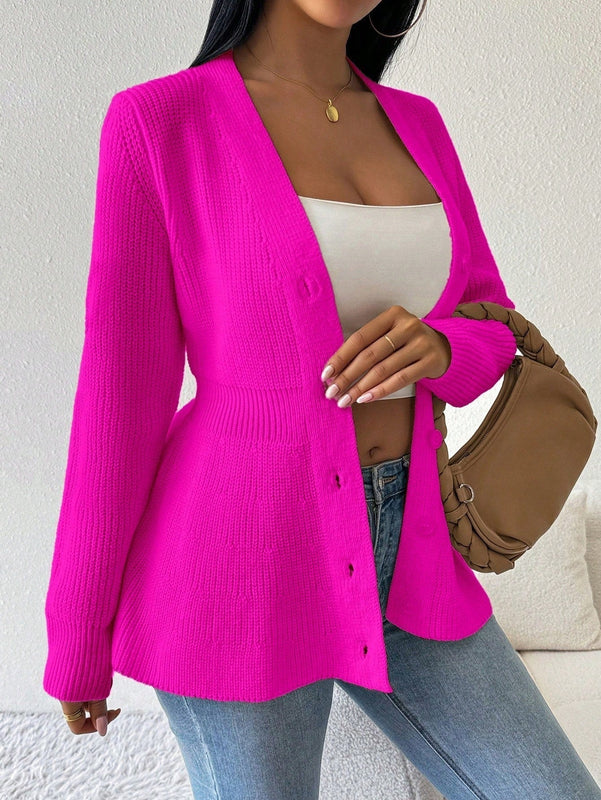 Lune cardigan elegante de mujer con cuello en v, cintura cenida y volantes en el bajo
