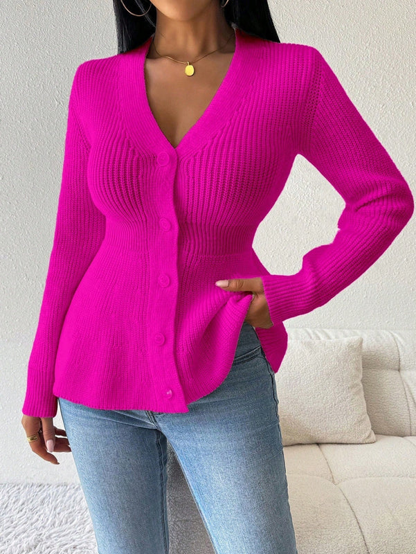 Lune cardigan elegante de mujer con cuello en v, cintura cenida y volantes en el bajo