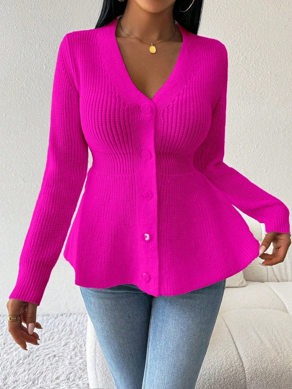 Lune cardigan elegante de mujer con cuello en v, cintura cenida y volantes en el bajo