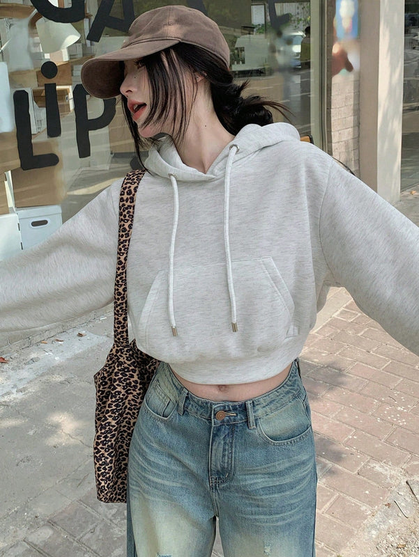 Dazy sudadera con capucha corta de unicolor informal para mujer, de manga larga, para otono/invierno