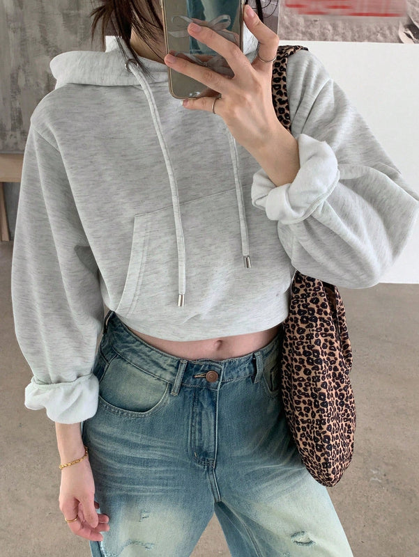 Dazy sudadera con capucha corta de unicolor informal para mujer, de manga larga, para otono/invierno