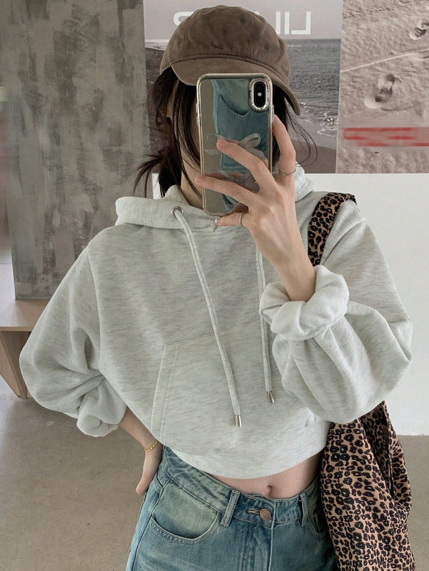 Dazy sudadera con capucha corta de unicolor informal para mujer, de manga larga, para otono/invierno