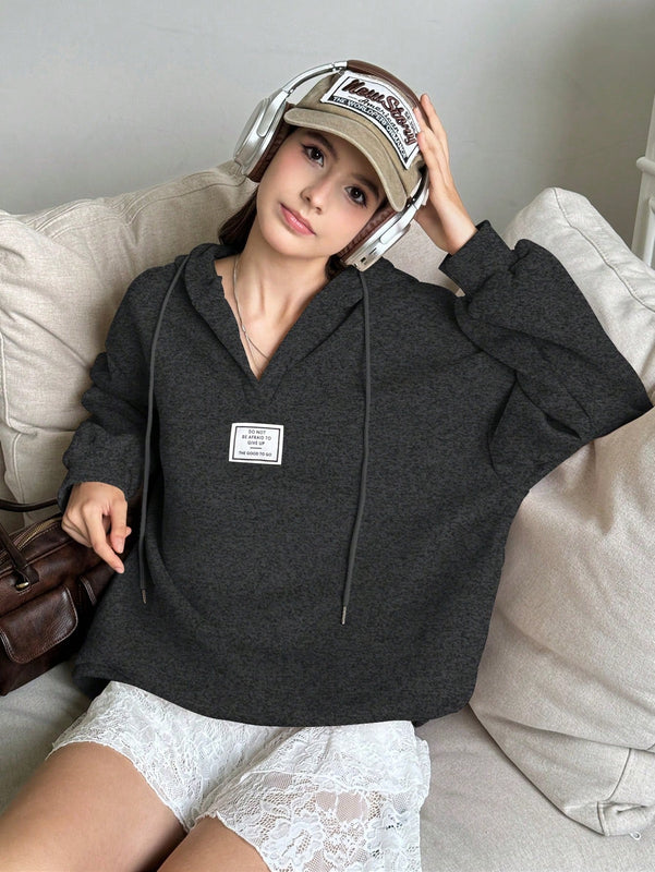 Ezwear sudadera con capucha de manga larga informal con estampado de letra, hombros caidos y cordon, para otono