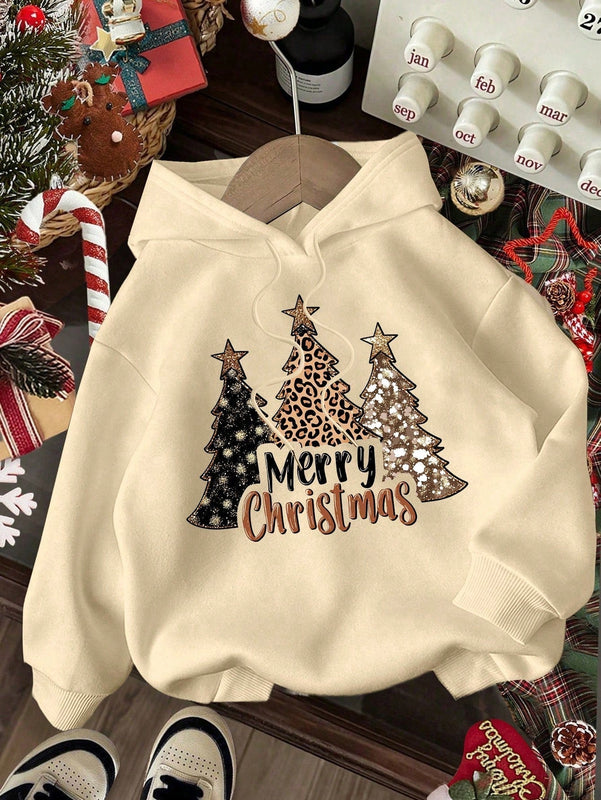 Ezwear sudadera holgada informal con capucha y estampado de arbol de navidad simple, adecuada para otono/invierno para mujeres