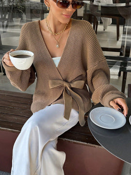 Cardigan informal de manga larga con cruce cruzado y textura acanalada de unicolor