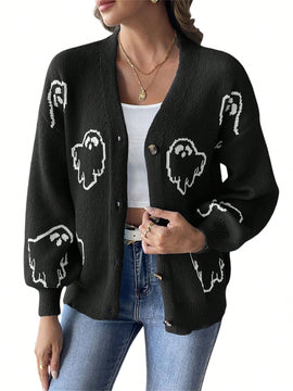 Sueteres con botones para mujer, estilo casual y ligero, con estampado fantasma, mangas largas, cardigan de punto, ropa de punto calida para uso diario