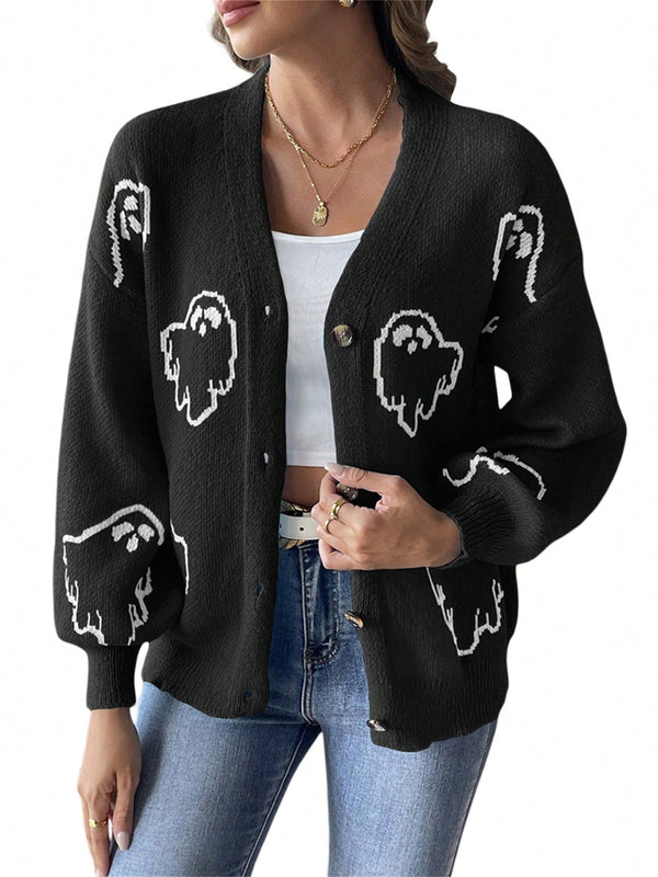 Sueteres con botones para mujer, estilo casual y ligero, con estampado fantasma, mangas largas, cardigan de punto, ropa de punto calida para uso diario