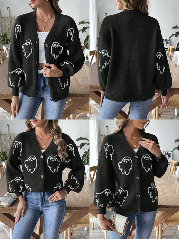 Sueteres con botones para mujer, estilo casual y ligero, con estampado fantasma, mangas largas, cardigan de punto, ropa de punto calida para uso diario