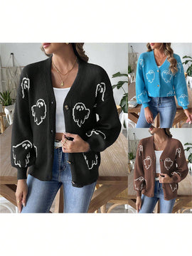 Sueteres con botones para mujer, estilo casual y ligero, con estampado fantasma, mangas largas, cardigan de punto, ropa de punto calida para uso diario