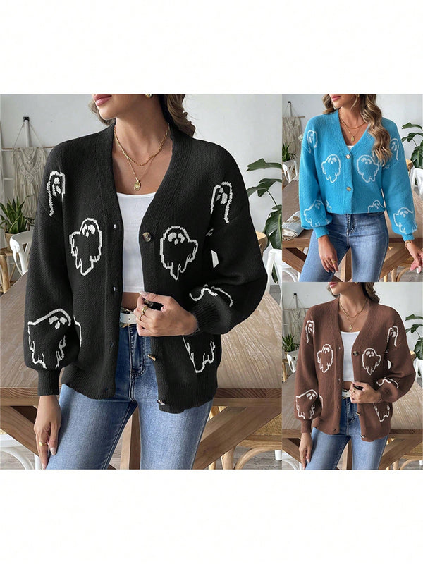 Sueteres con botones para mujer, estilo casual y ligero, con estampado fantasma, mangas largas, cardigan de punto, ropa de punto calida para uso diario
