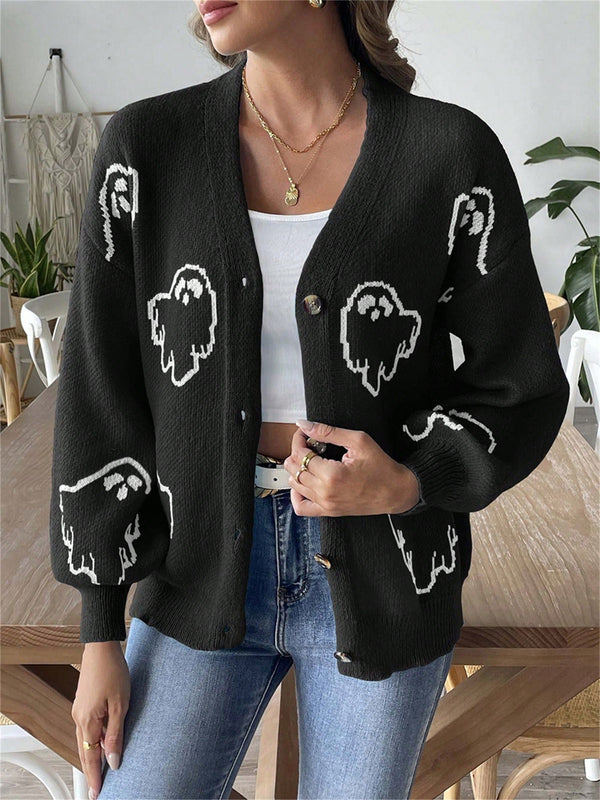 Sueteres con botones para mujer, estilo casual y ligero, con estampado fantasma, mangas largas, cardigan de punto, ropa de punto calida para uso diario