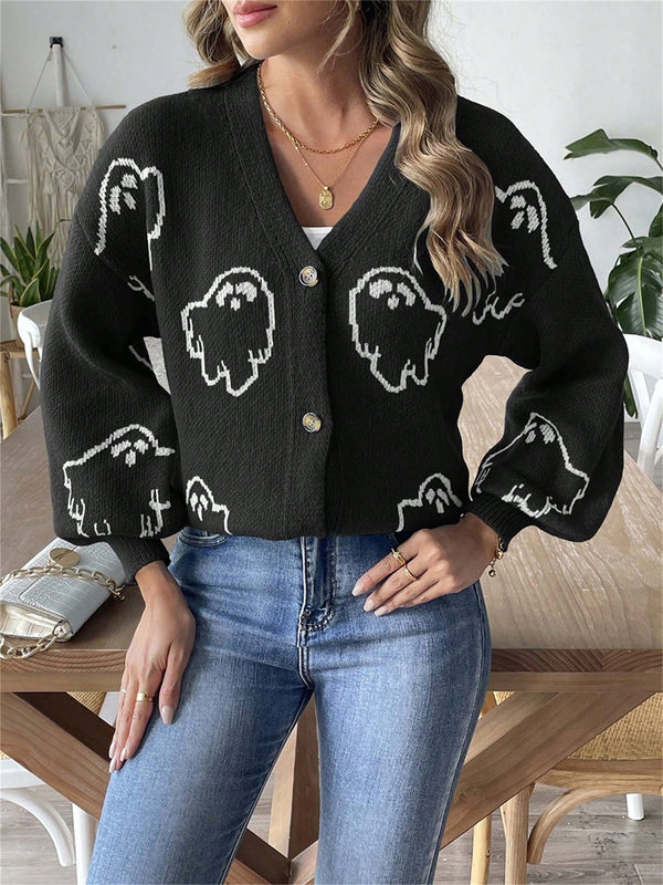Sueteres con botones para mujer, estilo casual y ligero, con estampado fantasma, mangas largas, cardigan de punto, ropa de punto calida para uso diario