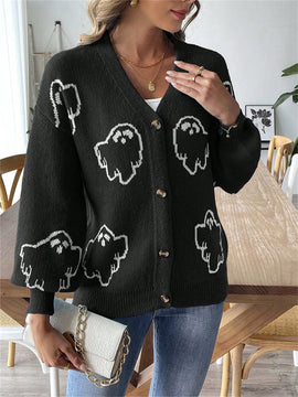 Sueteres con botones para mujer, estilo casual y ligero, con estampado fantasma, mangas largas, cardigan de punto, ropa de punto calida para uso diario