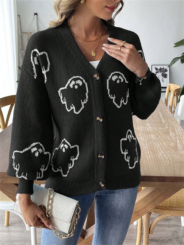 Sueteres con botones para mujer, estilo casual y ligero, con estampado fantasma, mangas largas, cardigan de punto, ropa de punto calida para uso diario