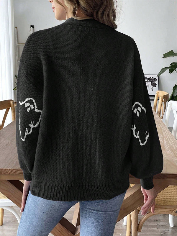 Sueteres con botones para mujer, estilo casual y ligero, con estampado fantasma, mangas largas, cardigan de punto, ropa de punto calida para uso diario