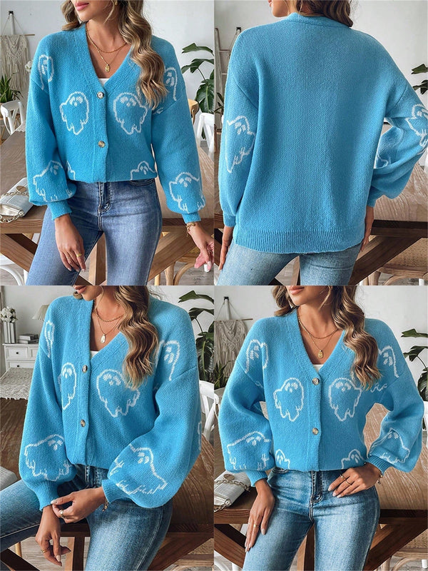Sueteres con botones para mujer, estilo casual y ligero, con estampado fantasma, mangas largas, cardigan de punto, ropa de punto calida para uso diario