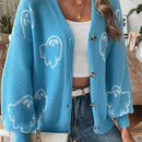 Sueteres con botones para mujer, estilo casual y ligero, con estampado fantasma, mangas largas, cardigan de punto, ropa de punto calida para uso diario