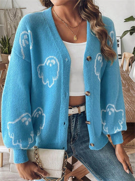 Sueteres con botones para mujer, estilo casual y ligero, con estampado fantasma, mangas largas, cardigan de punto, ropa de punto calida para uso diario