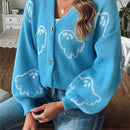 Sueteres con botones para mujer, estilo casual y ligero, con estampado fantasma, mangas largas, cardigan de punto, ropa de punto calida para uso diario