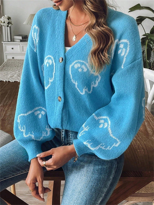 Sueteres con botones para mujer, estilo casual y ligero, con estampado fantasma, mangas largas, cardigan de punto, ropa de punto calida para uso diario
