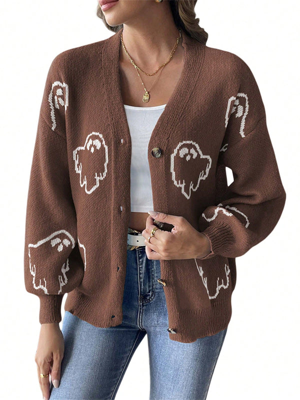 Sueteres con botones para mujer, estilo casual y ligero, con estampado fantasma, mangas largas, cardigan de punto, ropa de punto calida para uso diario
