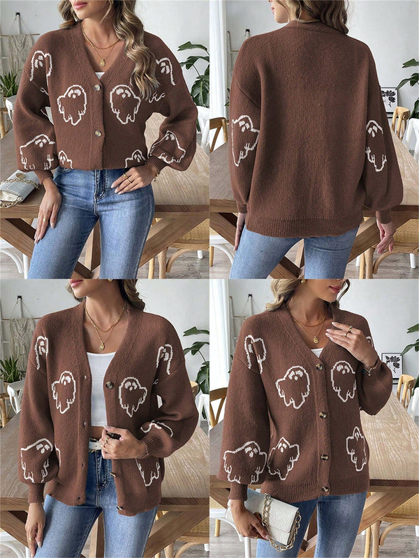 Sueteres con botones para mujer, estilo casual y ligero, con estampado fantasma, mangas largas, cardigan de punto, ropa de punto calida para uso diario