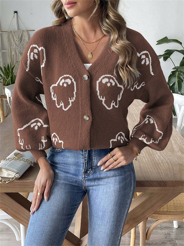 Sueteres con botones para mujer, estilo casual y ligero, con estampado fantasma, mangas largas, cardigan de punto, ropa de punto calida para uso diario