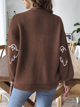 Sueteres con botones para mujer, estilo casual y ligero, con estampado fantasma, mangas largas, cardigan de punto, ropa de punto calida para uso diario