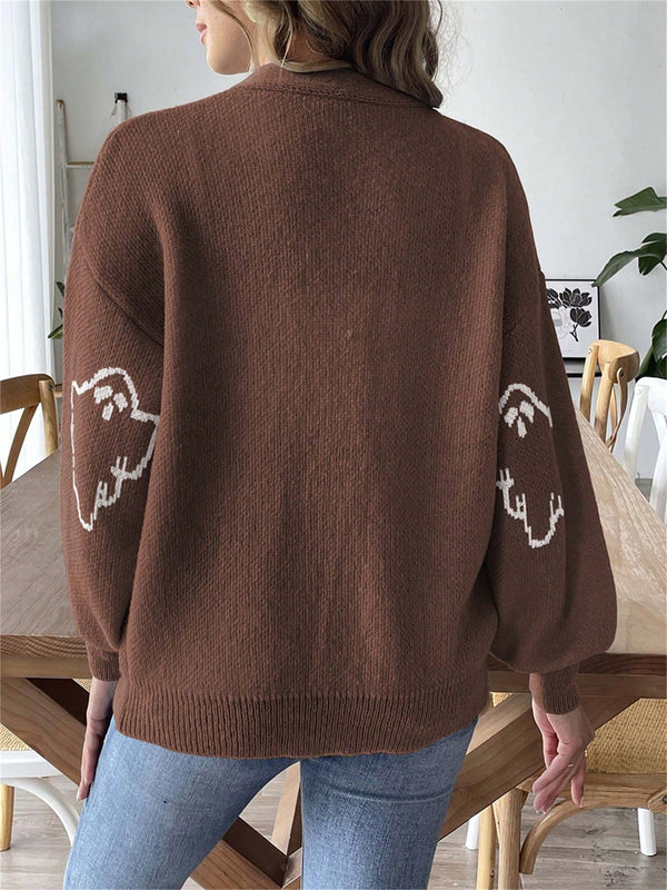 Sueteres con botones para mujer, estilo casual y ligero, con estampado fantasma, mangas largas, cardigan de punto, ropa de punto calida para uso diario