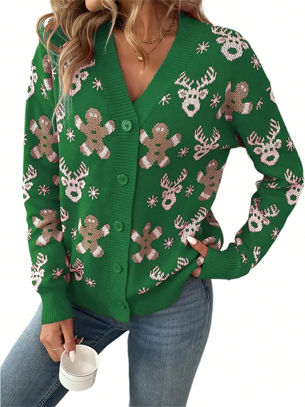 Cardigan de navidad para mujer de manga larga, cuello en v, abotonado, con estampado de renos y hombres de jengibre