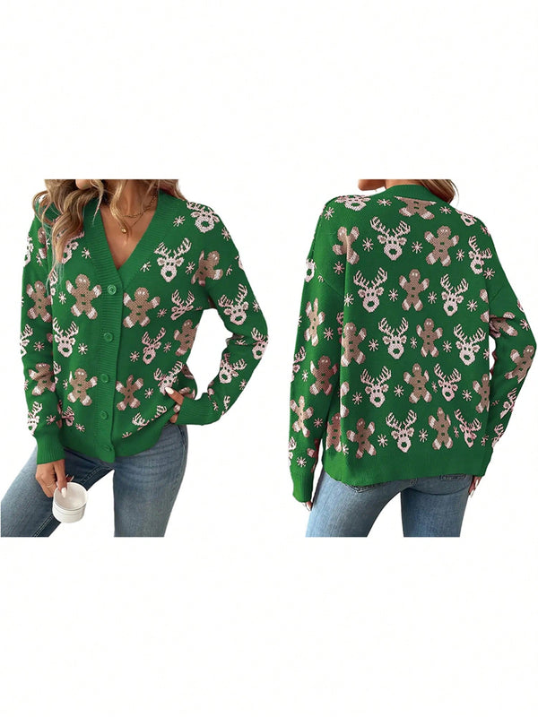 Cardigan de navidad para mujer de manga larga, cuello en v, abotonado, con estampado de renos y hombres de jengibre