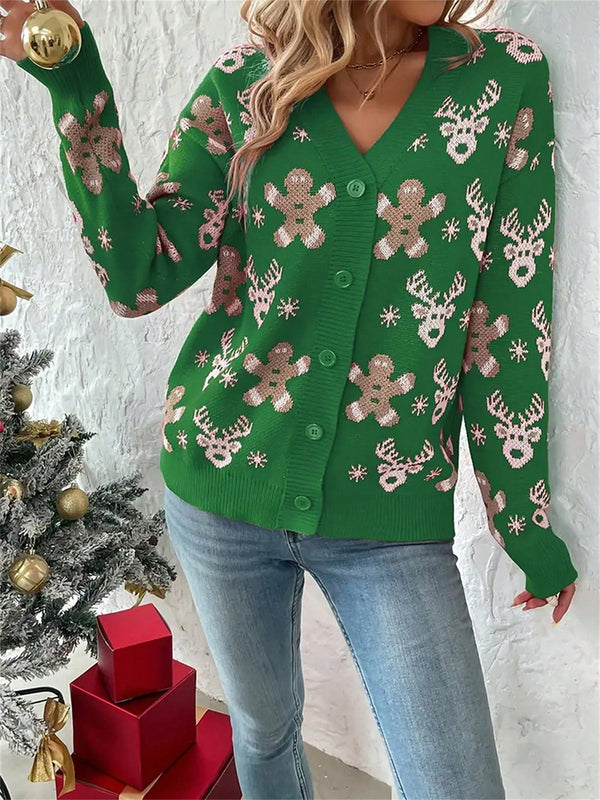 Cardigan de navidad para mujer de manga larga, cuello en v, abotonado, con estampado de renos y hombres de jengibre
