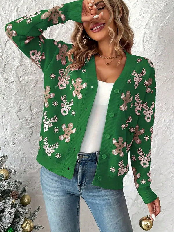 Cardigan de navidad para mujer de manga larga, cuello en v, abotonado, con estampado de renos y hombres de jengibre