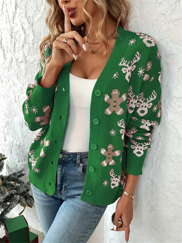 Cardigan de navidad para mujer de manga larga, cuello en v, abotonado, con estampado de renos y hombres de jengibre