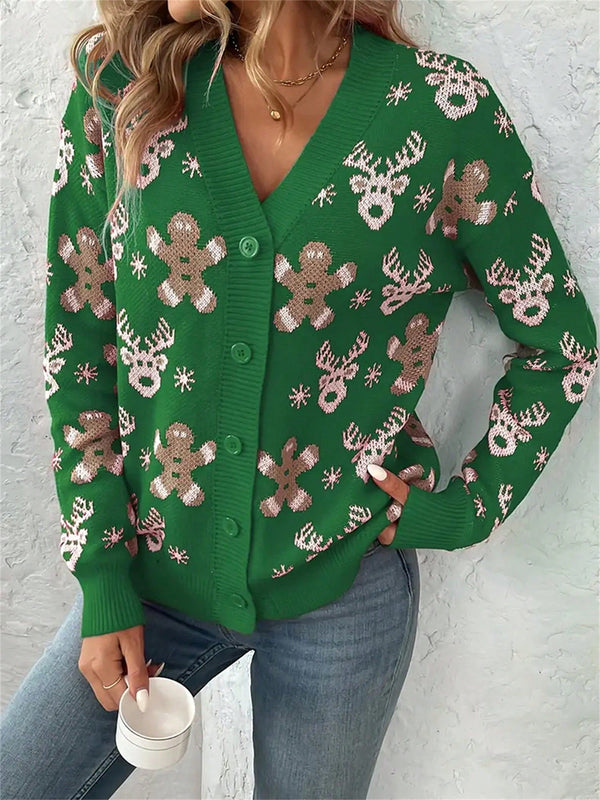 Cardigan de navidad para mujer de manga larga, cuello en v, abotonado, con estampado de renos y hombres de jengibre
