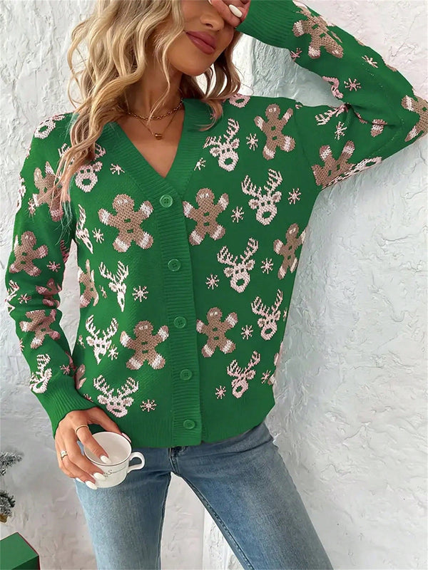 Cardigan de navidad para mujer de manga larga, cuello en v, abotonado, con estampado de renos y hombres de jengibre