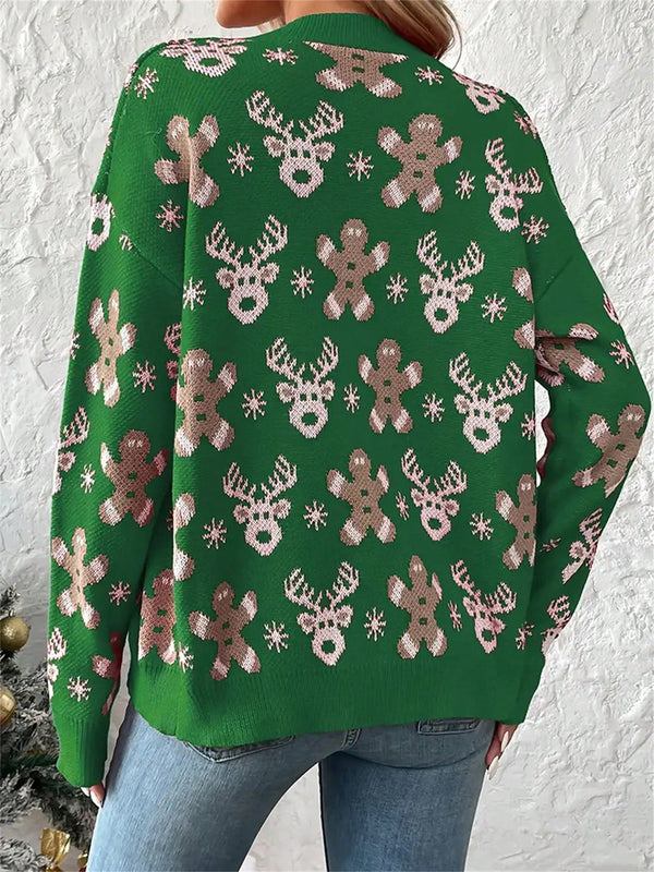 Cardigan de navidad para mujer de manga larga, cuello en v, abotonado, con estampado de renos y hombres de jengibre